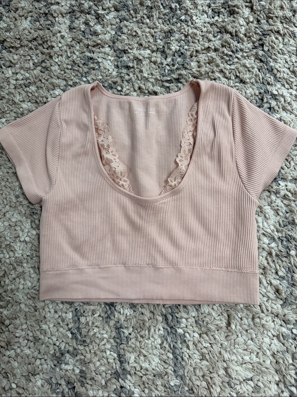aerie Ribbed Lace-Trim Scoop Crop Top - Dusty Rose